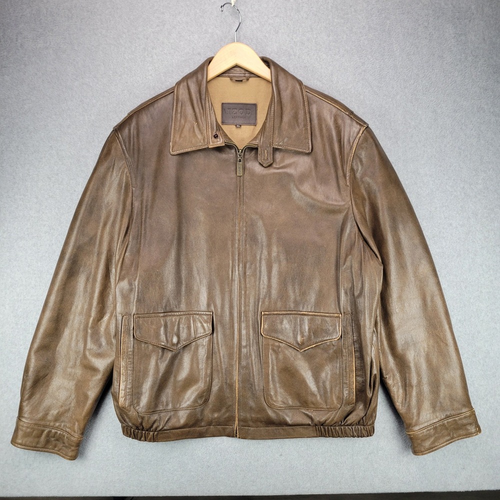 Izod Leather Bomber Jacket Mens XL Brown Full Zip Soft Leather Collared Coat